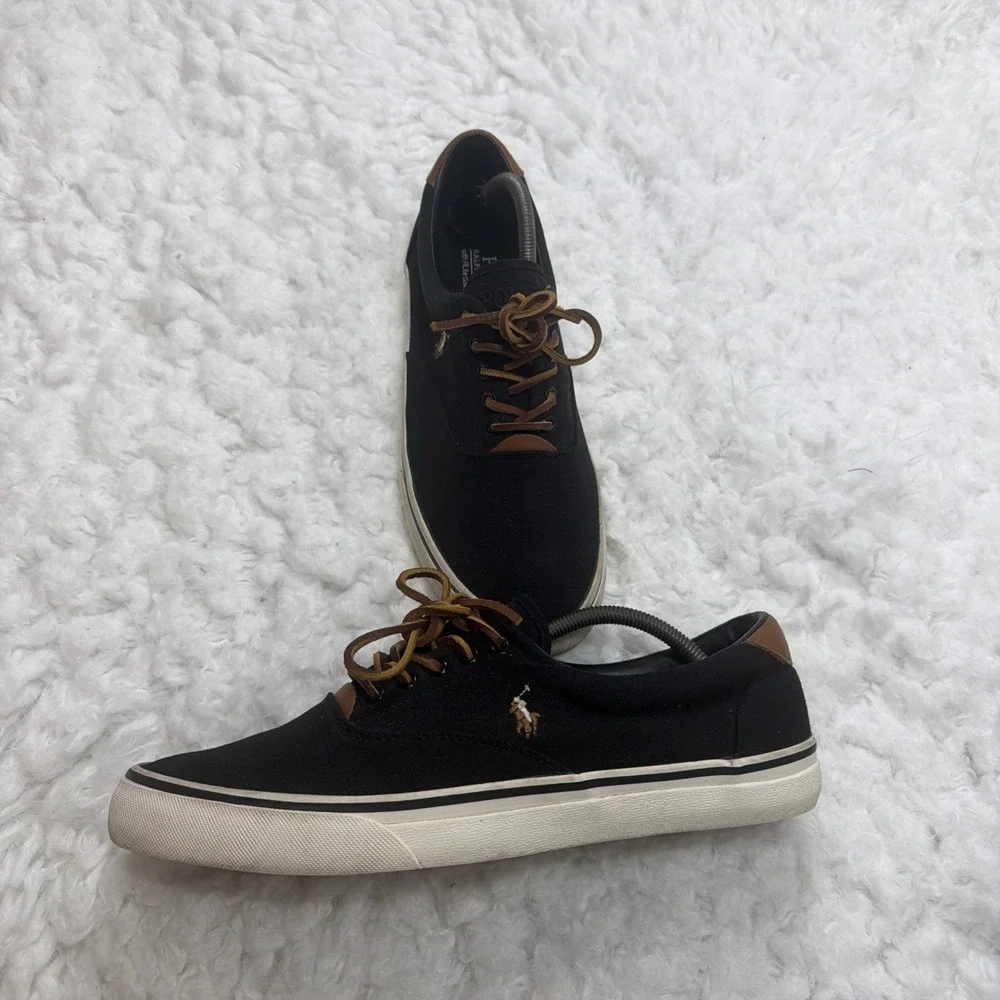 POLO RALPH LAUREN Thornton Canvas Boat Shoes Deck Leather Laces Black Brown 11.5